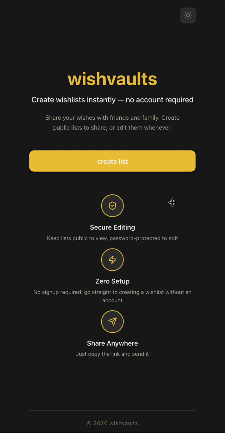 Demo gif of the Wishvaults flow from creating to updating a wishlist